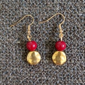 Hammered Gold and Red Dangle Earrings Autumn Fall Christmas